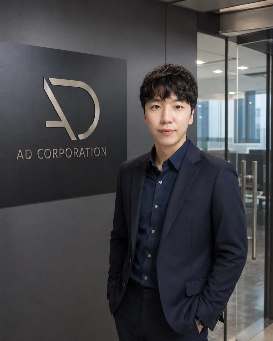 애드코퍼레이션 대표 프로필 — AD CORPORATION 로고 앞에서