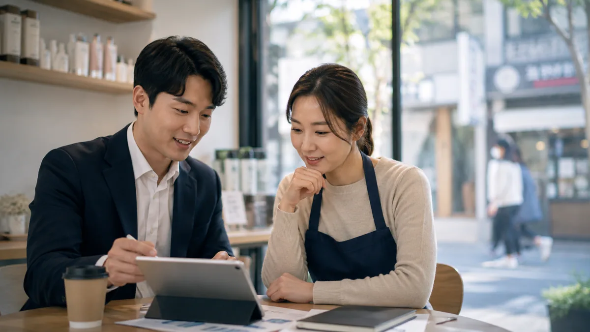 소상공인 마케팅 상담, 카페 사장님과 태블릿으로 광고 성과를 확인하는 모습